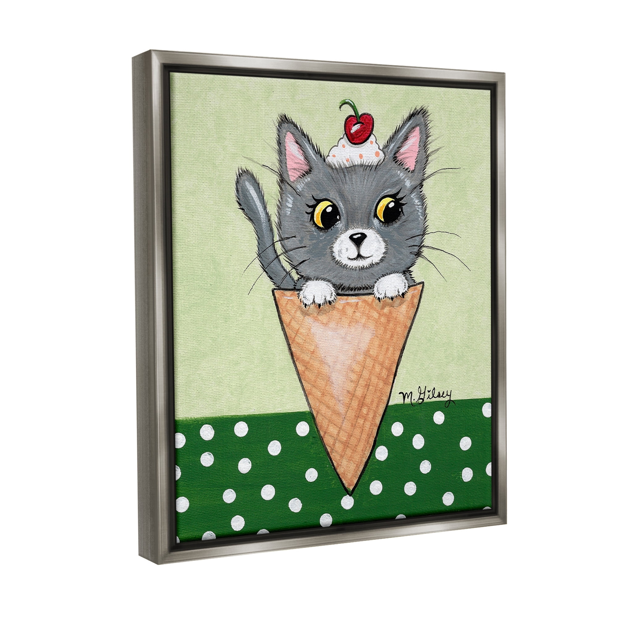 Stupell Industries Cat in Ice Cream Cone Animals & Insects Painting Gray Floater Framed Canvas Art Print Wall Art, 17 x 21