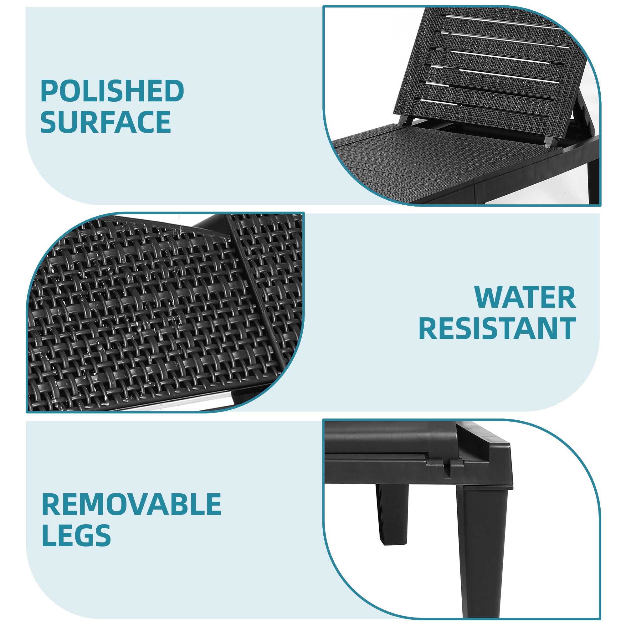 Uforic Outdoor Plastic Chaise Lounge Chair, 5-Position Adjustable Waterproof Poolside Recliner, Easy Assembly Patio Lounger for Garden Backyard, Black, 1 Piece