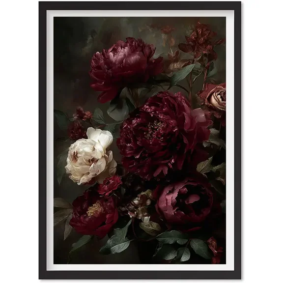Dark Floral Peony Print, Moody Botanical Wall Art, Vintage Style Flower Poster, Matte Canvas Stretched, Posters for Room Bedroom Living Room Bathroom Wall Decor, Posters & Art Prints, Gift.