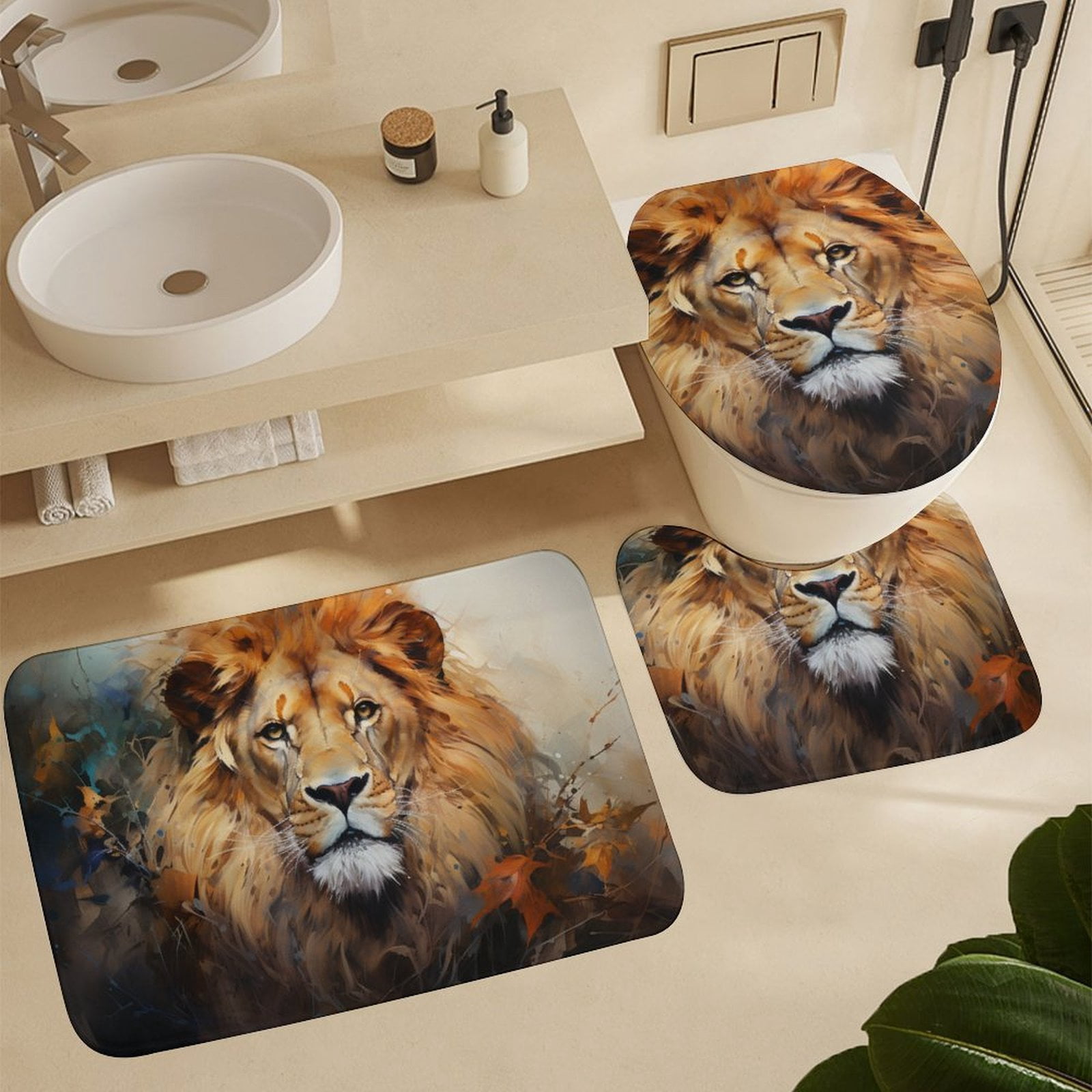 4 Piece Shower Curtain Sets Bathroom Sets with Shower Curtain And Rugs 4 Piece Artistic Lion Face Waterproof Shower Curtain Forest King Face Wild Animal for Bathroom Decor