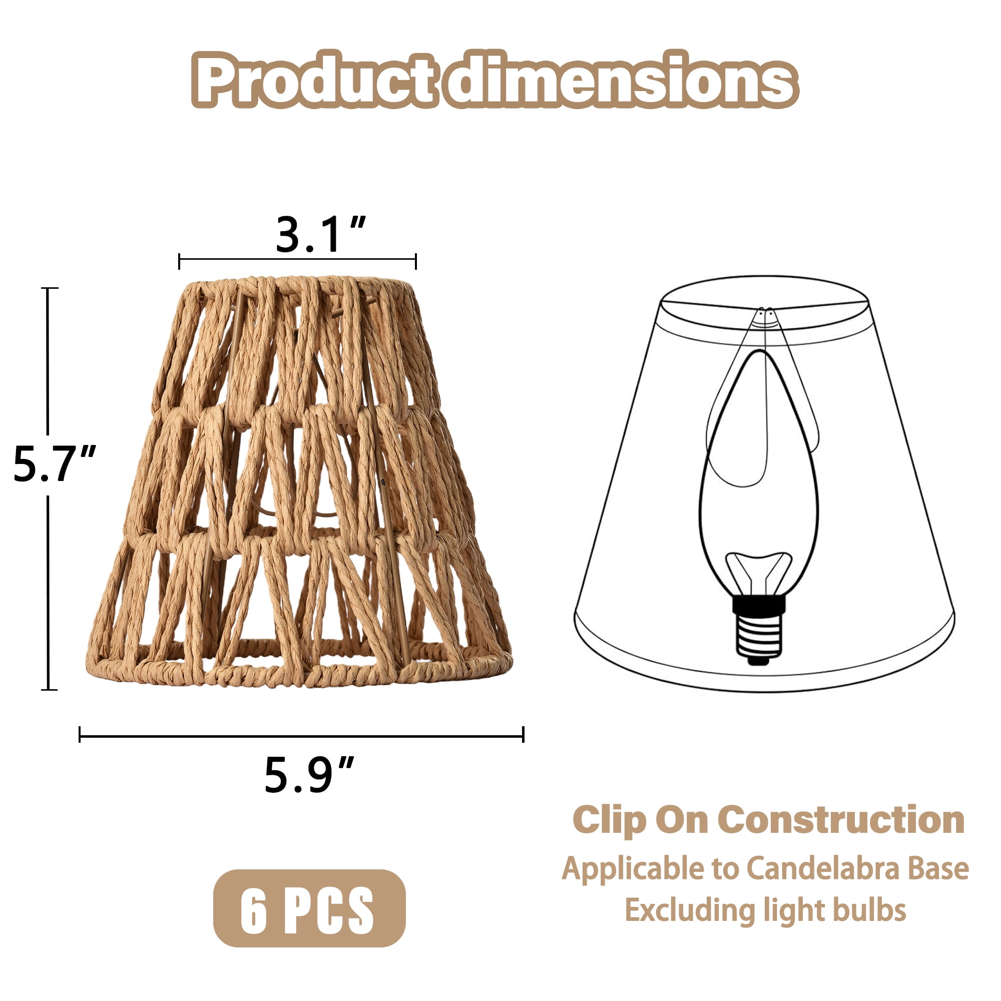 Set of 6 Boho Clip On Chandelier Shades, Mini Handwoven Rattan Style for E12 Bulbs, Natural Hemp Rope for Wall Sconce & Table Lamps