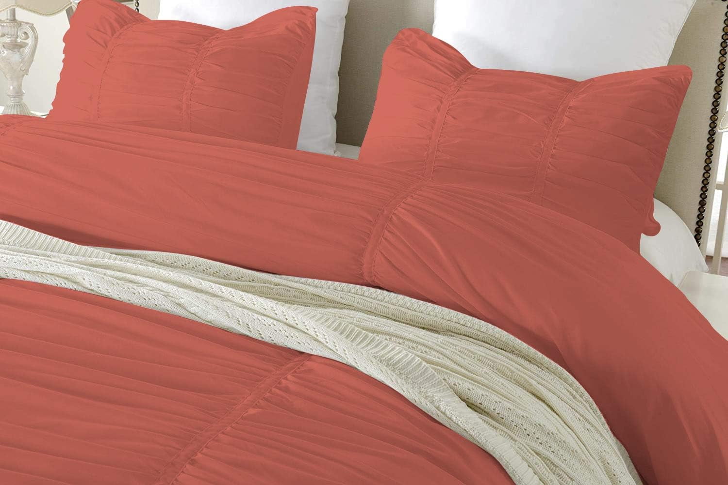 DNG Creations 5 Piece Ruched Pattern Duvet Cover 100% Egyptian Cotton, 800 TC- With Zipper Closure & Corner Ties ( Solid Brick Red - Oversized Queen )