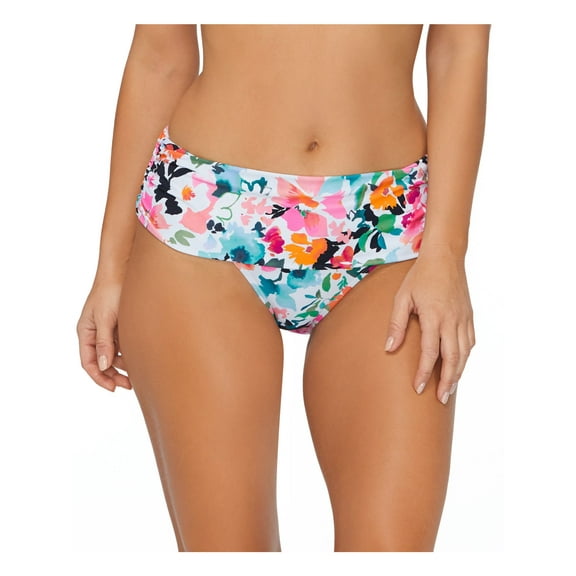 ISLAND ESCAPE Women's White Printed Stretch Lined Foldover Waistband Full Coverage Shirred Honey Bloom Bikini Swimsuit Bottom 6