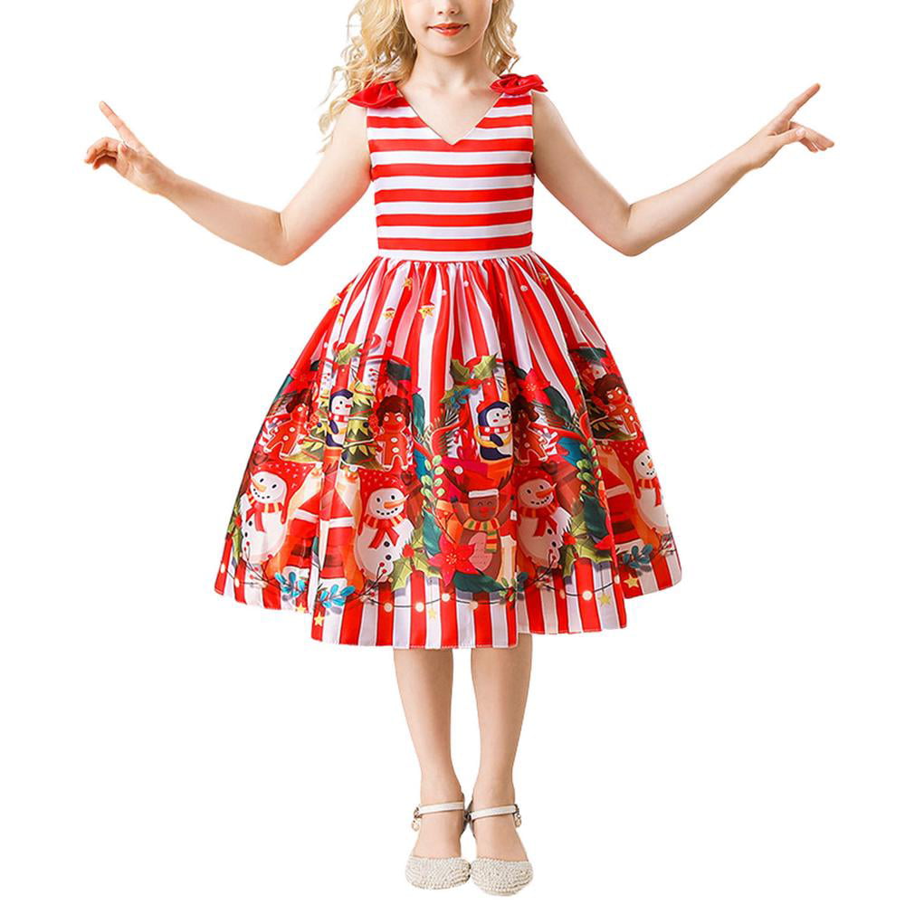 New Womens Santa Reindeer Christmas Print Girls Kids Flared Mini Swing Dress Top 