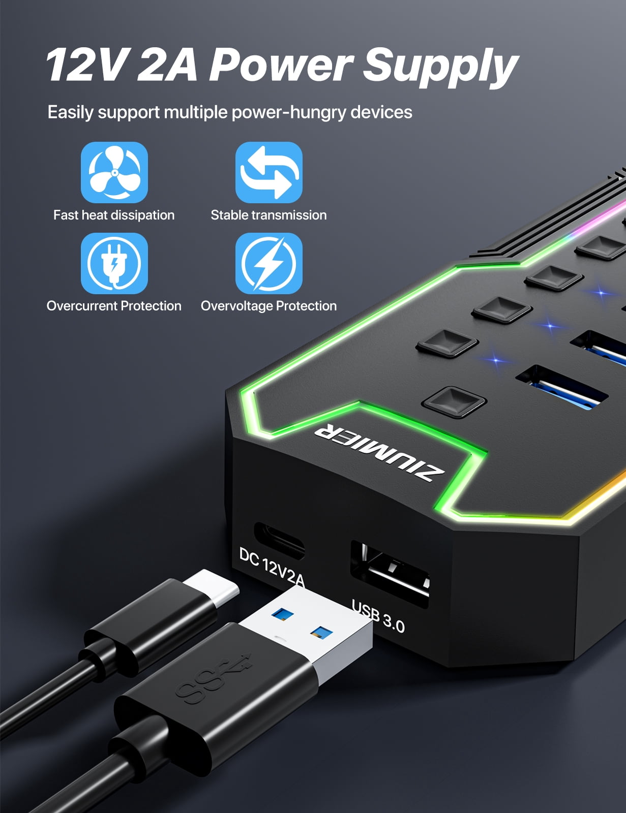 Powered USB 3.0 Hub, 10 Ports USB Hub with RGB LED Strip and 12V/2A Power Adapter USB Extension, Individual LED On/Off Switches for Mac, PC, Desktop, Flash Drive, Mobile HDD