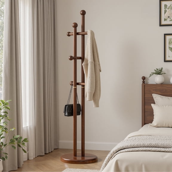 WOOW DEPOT Solid Wood Coat Rack Freestanding Heavy Duty w/ 6 Hooks & Stable Round Base Rubberwood Modern Coat Hanger Hall Tree for Entryway Apartment Jacket Hat Bag