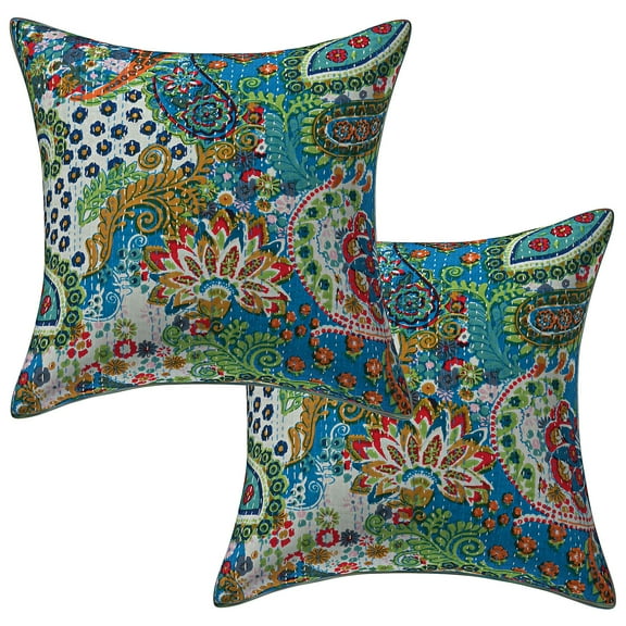 Stylo Culture Ethnic Sofa Throw Pillow Covers 16x16 Floral Kantha Turquoise Printed 40 x 40 cm Home Decor Cotton Paisley Square Cushion Covers | Set Of 2