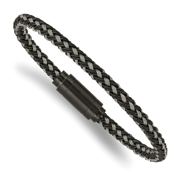 Primal Steel Stainless Steel Polished Black IP-plated Braided Wire and Rubber 8.25 Inch Bracelet