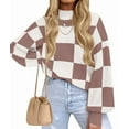 thumbnail image 2 of Women'S Fall Fashion Roll-Neck Long Sleeve Plaid Ribbed Knit Loose Pullover Sweater Tops Lotus Pink Checkered M, 2 of 9