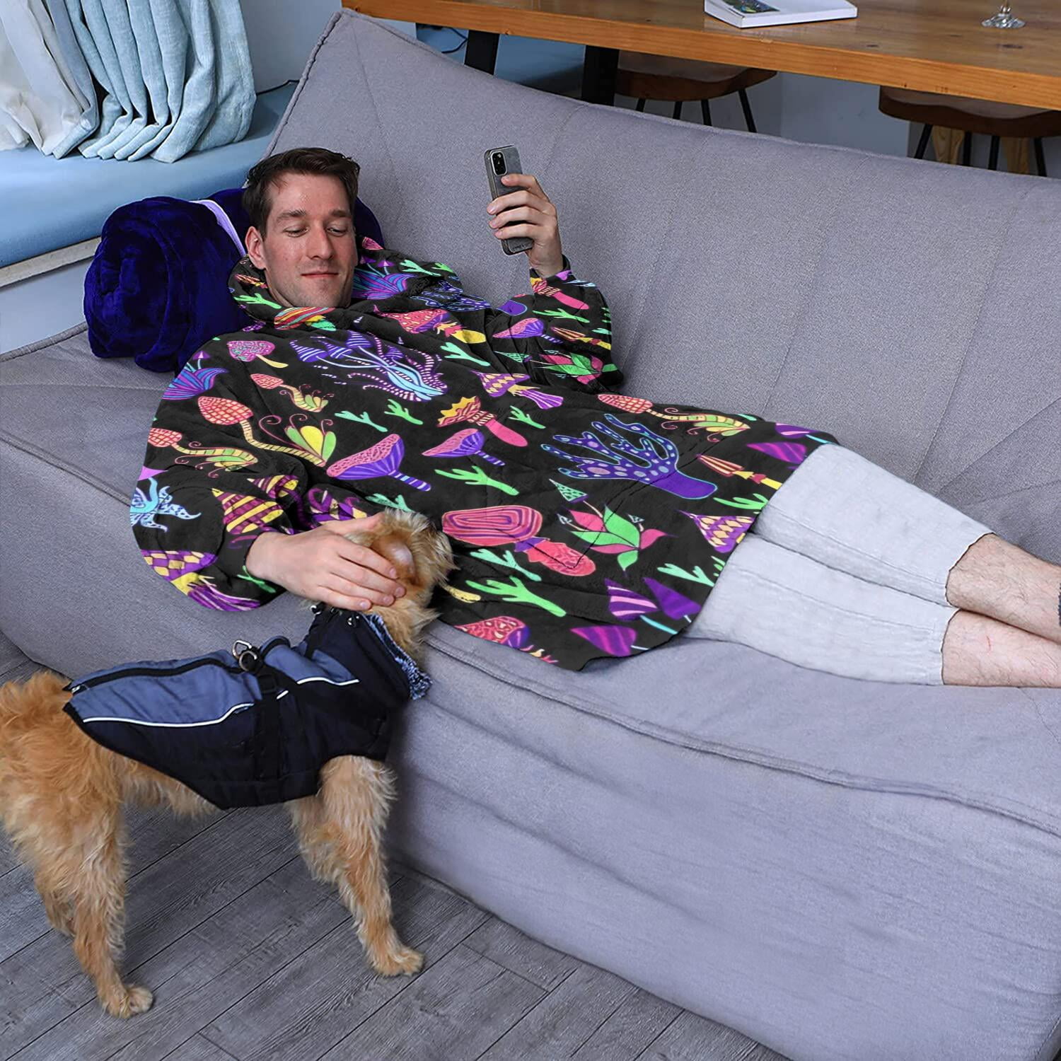 Purple Mushroom Black Pattern Wearable Oversized Blanket,Wearable Blanket Hoodie for Adults,Cozy Hooded Blankets with Super Pockets,Super Warm Fuzzy Pullover for Women & Men