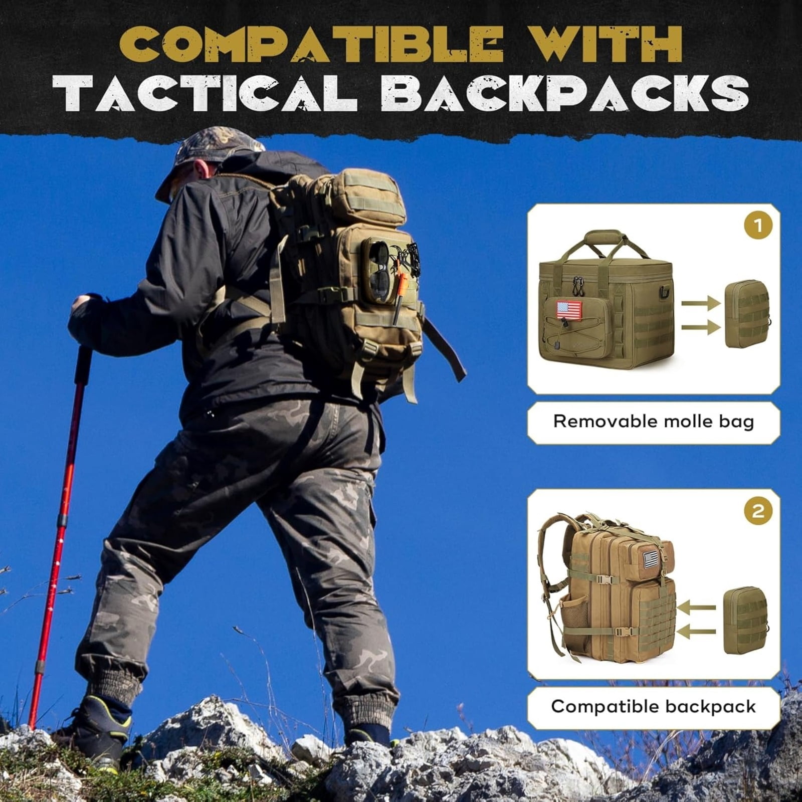 Tactical Lunch Box for Men with 5 Slim Ice Packs, 15L Insulated Cooler Bag with MOLLE Pouch