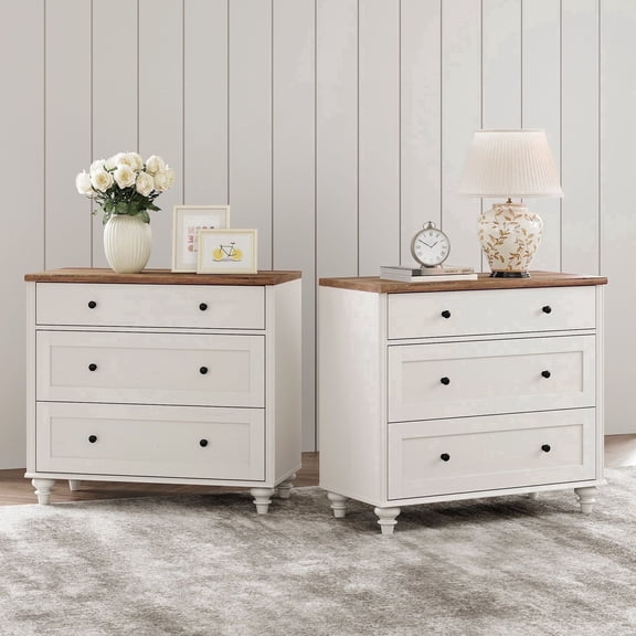 Farmhouse Nightstand with 3 Drawers, Set of 2 Large 3 Drawers Wood Bedside Table Night Stand, Wide Sofa Side End Table Chest of Dresser for Living Room, Bedroom, Antique White, 34 inch (2PCS)
