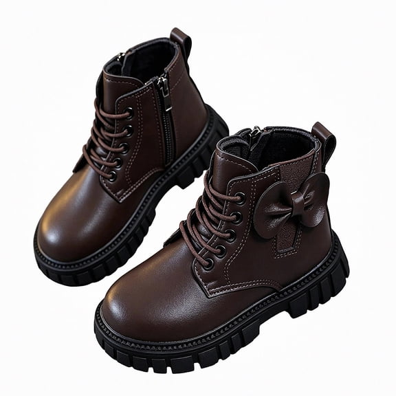 Viluyesy Girls Faux Leather Combat Ankle Boots, Lace Up Side Zipper, Back Bow Decor, Rugged Lug Sole Outdoor Booties Brown Size 1.5 Big Kids