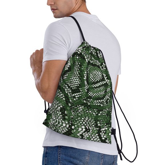 Ratiio Green Snakeskin Print Drawstring Backpack Bag Sport Gym Sackpack Heavy Duty String Backpack for Men Women