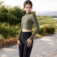 thumbnail image 6 of Women's Long Sleeve Crop Top with Open Back and High Neck - Medium, Olive Green, 6 of 7
