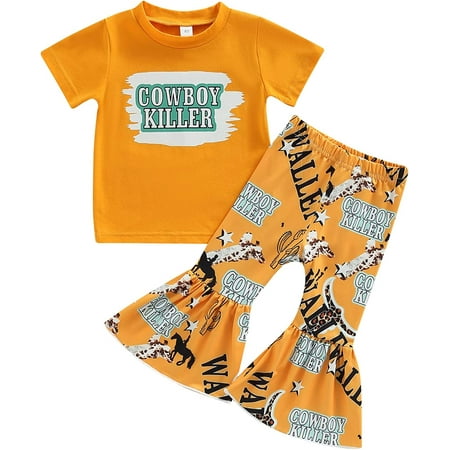 

PIKADINGNIS Western Toddler Baby Girls Outfits Short Sleeve Letter Printed T-Shirt Top Cow Print Bell Bottom Pants Clothes Set