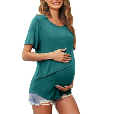 

gakvbuo Maternity Shirts For Women Pregnant Womens Nursing Solid Color Round Neck Short Sleeve Round Neck Breastfeeding Blouse