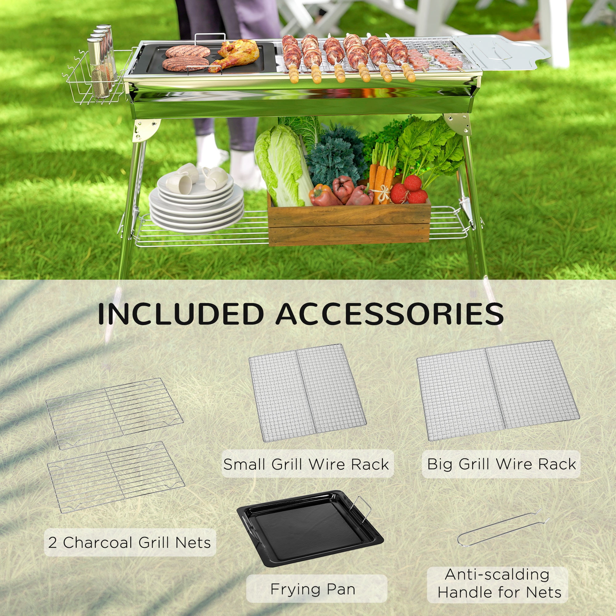 BBQ Grill Outsunny Charcoal Grill, Stainless Steel Portable Folding BBQ, Outdoor Hibachi for Backyard Cooking, Camping, Picnic, Party, Tailgating and Travel with Pan, Grill Rack, Shelves, and Hooks,