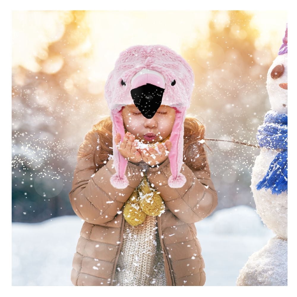 DolliBu Pink Flamingo Plush Hat - Cute Tropical Bird Flamingo Costume Funny Hat with Ear Flaps with Cozy Fleece, Novelty Hats for Kids, Teens, and Adults - One Size