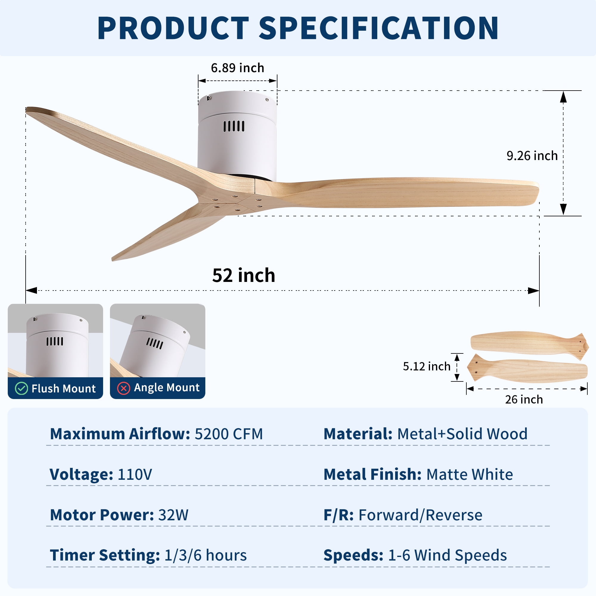Leumius 52" Mordern Cozy Vibrant Natural Style Solid Wood Low Profile Flush Ceiling Fan without Light for Living Room Bedroom