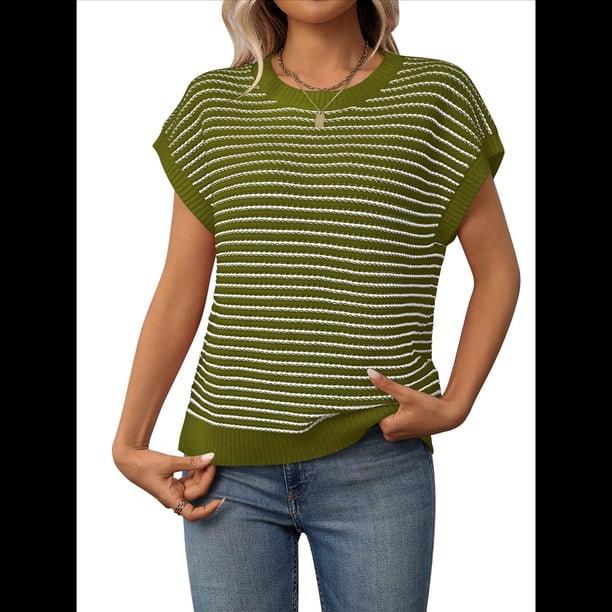 Suéter Informal de Rayas con Mangas y Bloques de Color Verde, Talla S