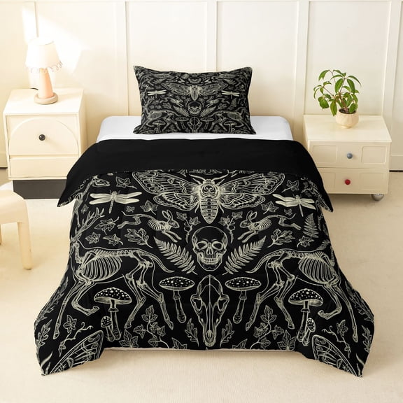 Homewish Skull Months Dragonflies Twin Comforter Sets,Grunge Damask Bedding Set,Halloween Duvet,Black Reversible,2 Pieces,1 Comforter and 1 Pillowcase