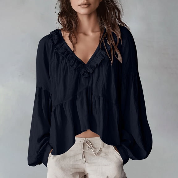 ClodeEU Women's V Neck Long Sleeve Ruffled Blouse,Casual Loose Fit Boho Tunic Shirt Black,Women's Plus L