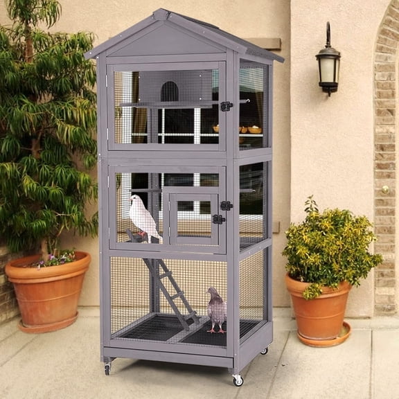 MEDEHOO Outdoor Bird Cage Large Wooden Bird Aviary with Perch for Parakeet,Macaw and Any Small Birds,Wire Netting Above The Tray,Prevent Escape