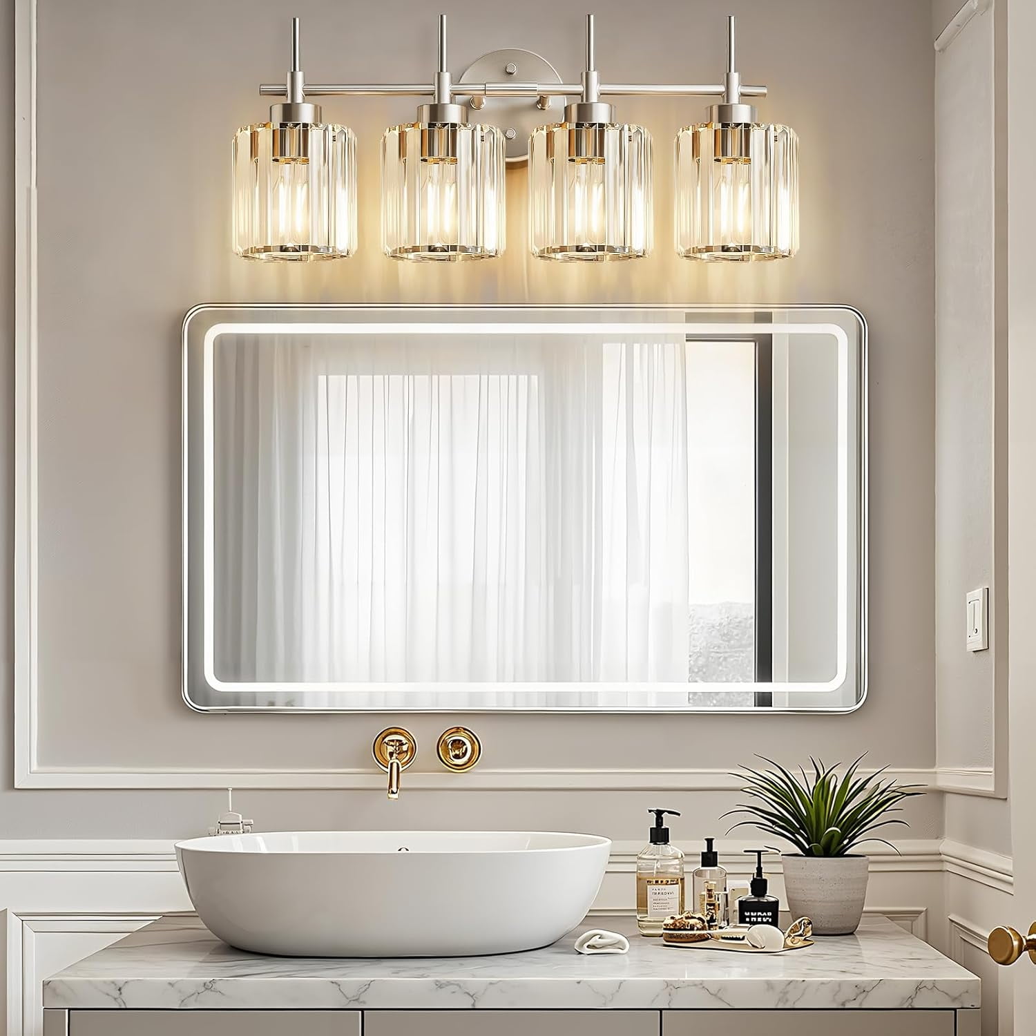 NATYSWAN 4 Lights Round Crystal Vanity Lights, Modern Crystal Wall Light Bath Mirror Light Fixture Over Mirror Bathroom Wall Sconces for Bathroom Living Room