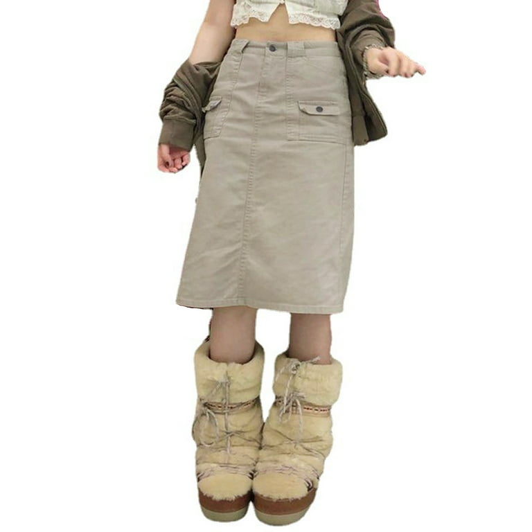 Women Vintage Cargo Ruched Y2K Maxi Skirt High Waist Bandage Long Skirt with Pocket 90S E Girl Aesthetic Streetwear
