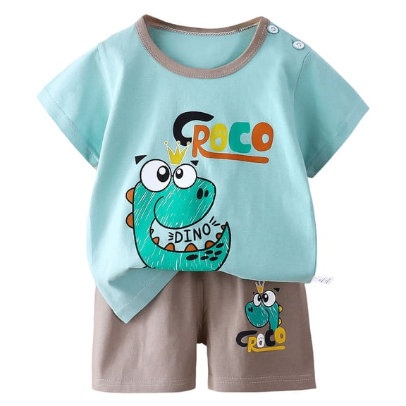 NIEWTR Toddler Baby Boy Girls Summer Short Sleeve T-Shirt Tops Elastic Shorts Set 2Pcs Casual Outfit Jog Suits Dinosaur 2PCS Set Pajamas & Dailywear Set (5-6 Years,Blue)