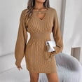thumbnail image 2 of DHFJKG Sweater Dress For Women Knit Jacquard Solid Color Notch V Neck Long Sleeve Bodycon Slim Fit Mini Sweater Dress Versatile Dresses, 2 of 3