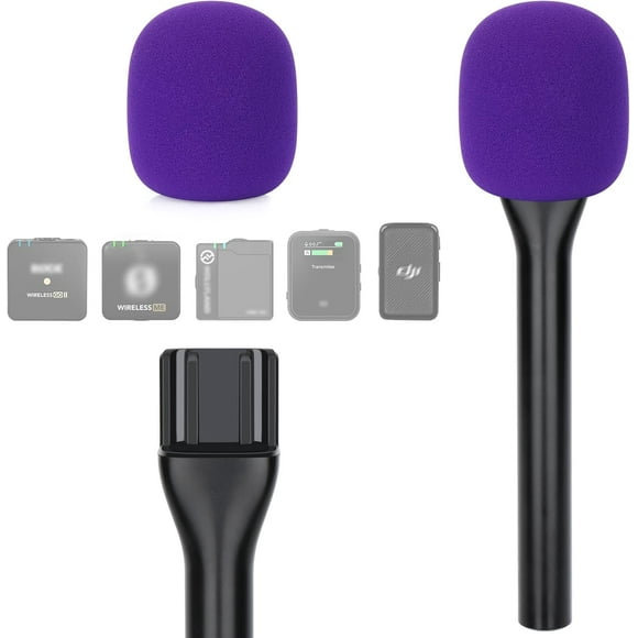 wqlpp-Interview Microphone Handle, Interview GO Handheld Adapter with Pop Filter for RODE Wireless GO II, Wireless PRO, Wireless ME, DJI MIC 2, Convenient for Outdoor Recording (Purple Foam)