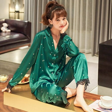 

DanceeMangoo Women Sleepwear set spring autumn Pajamas Lapel buttons silk Sweet Women Sleepwear Set Girl Nightgown long Pant Silk Pajamas Set