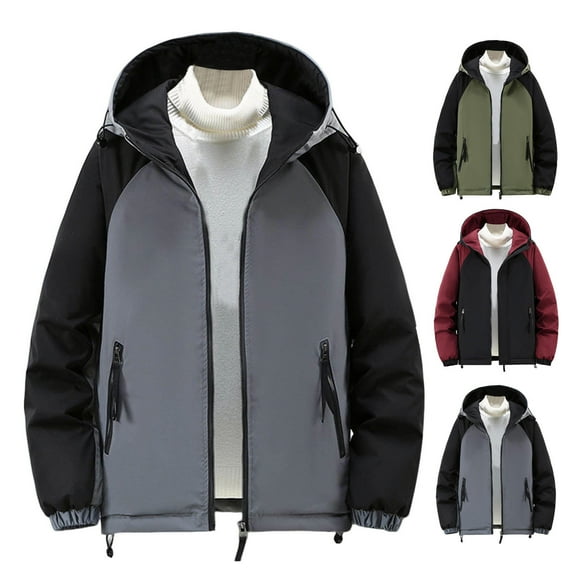 Timoontee Men's Workwear Jacket Warm Thickened Jacket Coat Casual Long Sleeve Hooded Jacket Fall Winter Coat Color Block Zip Up Jacket Coat with Zip Pocket Gray XXXXL