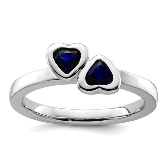 925 Sterling Silver Bezel Polished Stackable Created Sapphire Double Love Heart Ring Size 6 Stackable Ring for Women