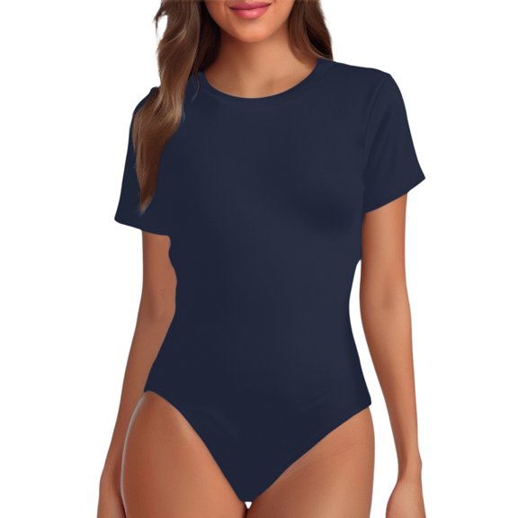 Telankuip Crew Neck Short Sleeve Bodysuits for Women Summer Solid Color Basic Stretchy Bodycon Jumpsuits Lightweight Soft Comfortable Casual Romper Workout Outfit Navy XL