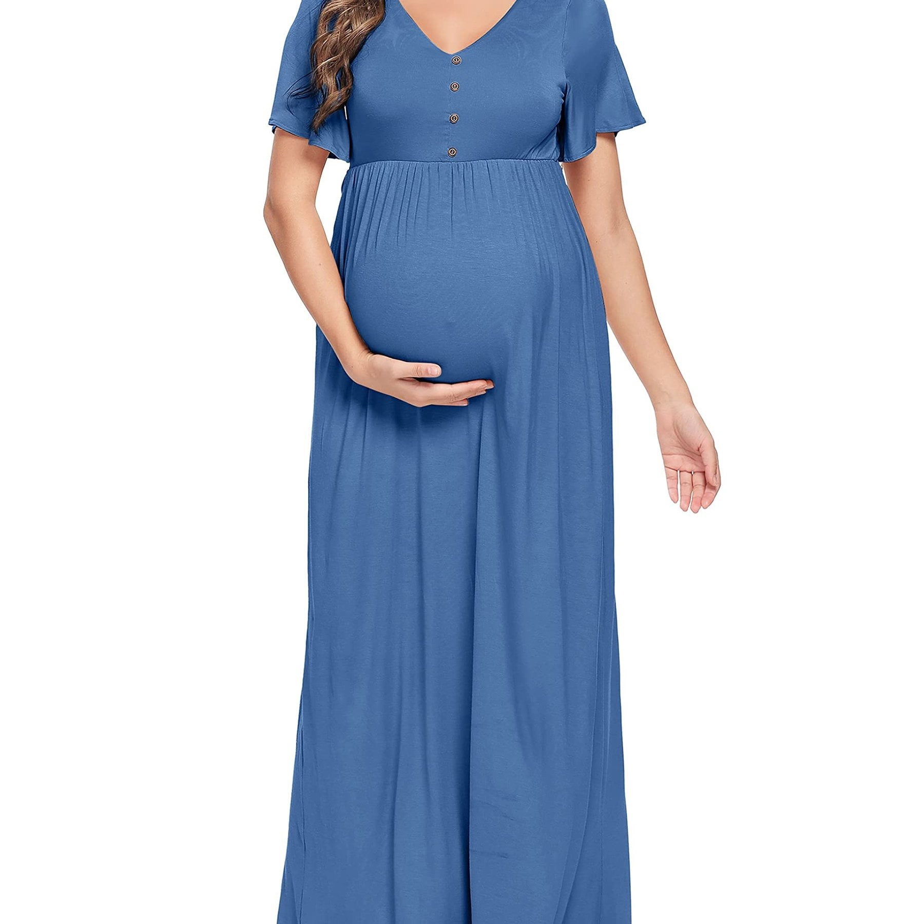 Dosaele Stylish Maternity Maxi Dress - Flowy Summer Dresses for Pregnant Women with Decorative Button and Short Flutter Sleeve - Perfect for Baby Shower Photoshoot (S-3XL) - Walmart.ca Dosaele Stylish Maternity Maxi Dress - Flowy Summer Dresses for Pregnant Women with Decorative Button and Short Flutter Sleeve - Perfect for Baby Shower Photoshoot (S-3XL) - Walmart.ca
