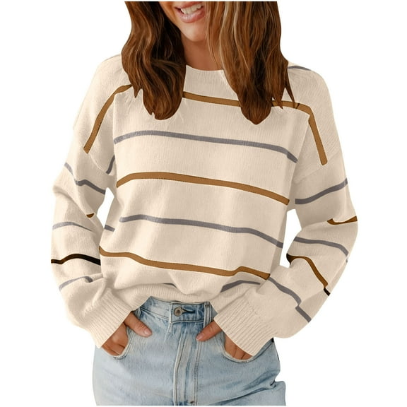 Yangnuo Womens Trendy Casual Striped Cozy Sweaters 2025 Women's Long Sleeved Round Neck Knitted Sweater Pullover Sweater