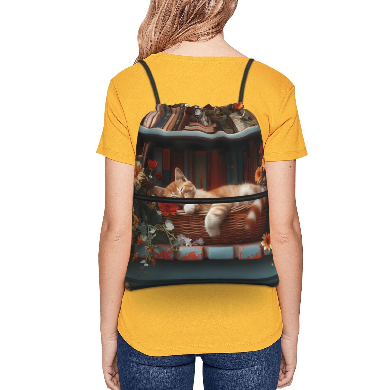 Xecao Cat Asleep Among Flowers for Drawstring Bags,Pull String Backpack Bags,String Bag Sackpack