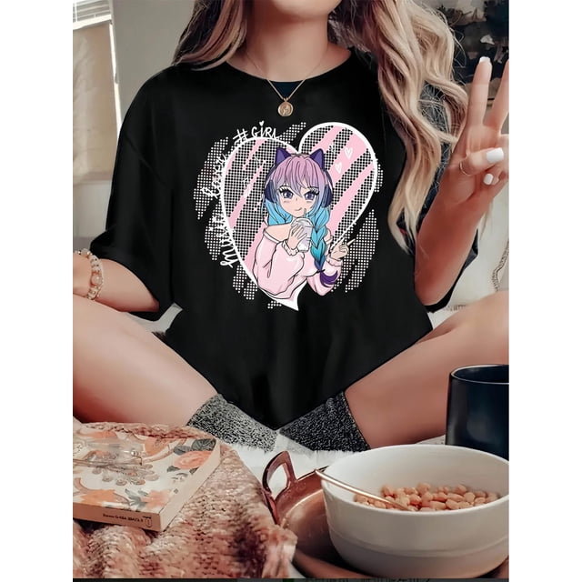 Women's Casual Crew Neck T-Shirt with Creative Heart & Cute Girl Print, Fashionable Short Sleeve Top, Polyester 95% Spandex 5%, Medium Stretch Knit Fabric, All-Season Comfort Fit