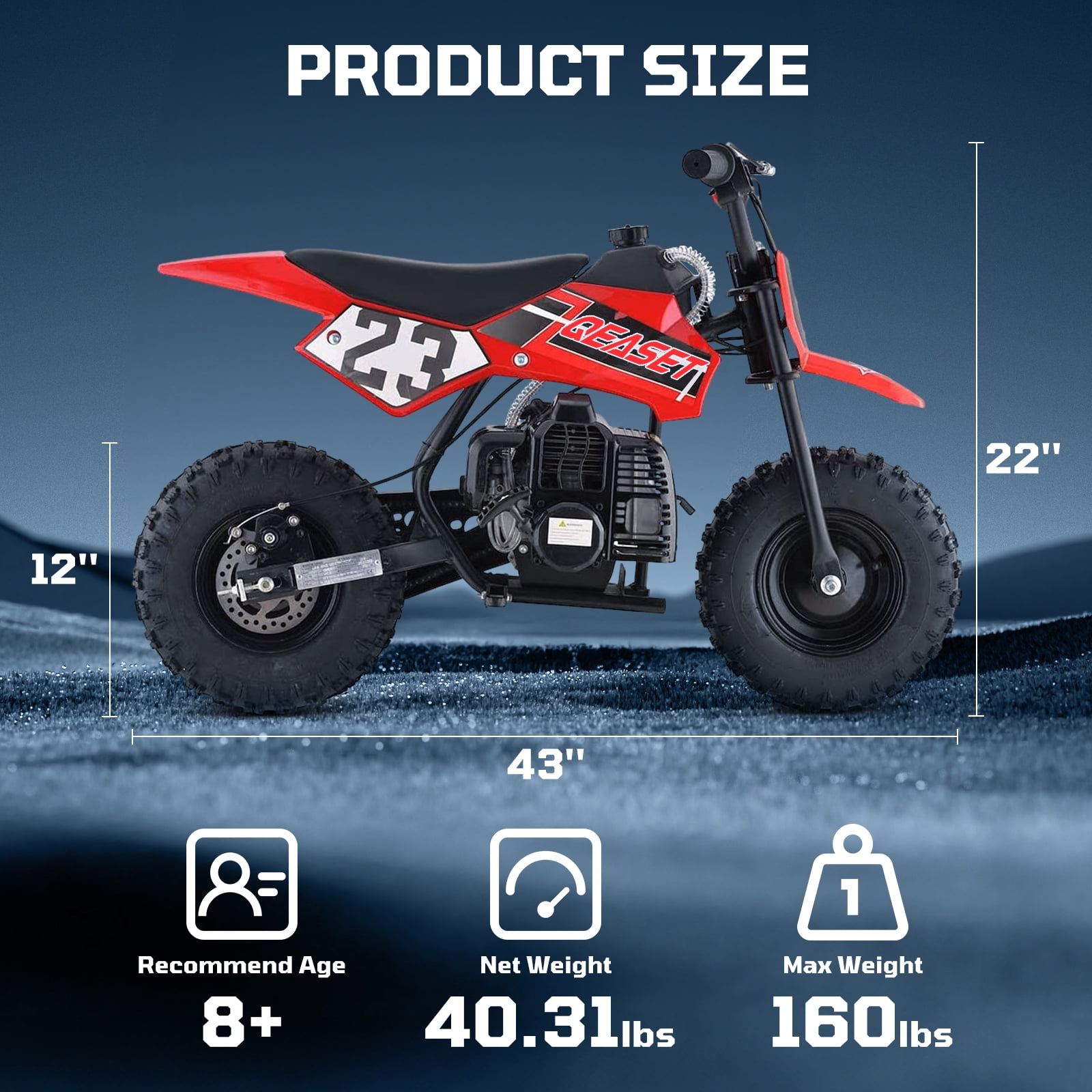 QEASET Mini Off-Road Dirt Bike, 49 CC 2-Stroke Gas Bike with Off-Rode Tire, Suspensions, Disc Brakes, Max Load 160Lbs, Max Speed 18Mph, Red
