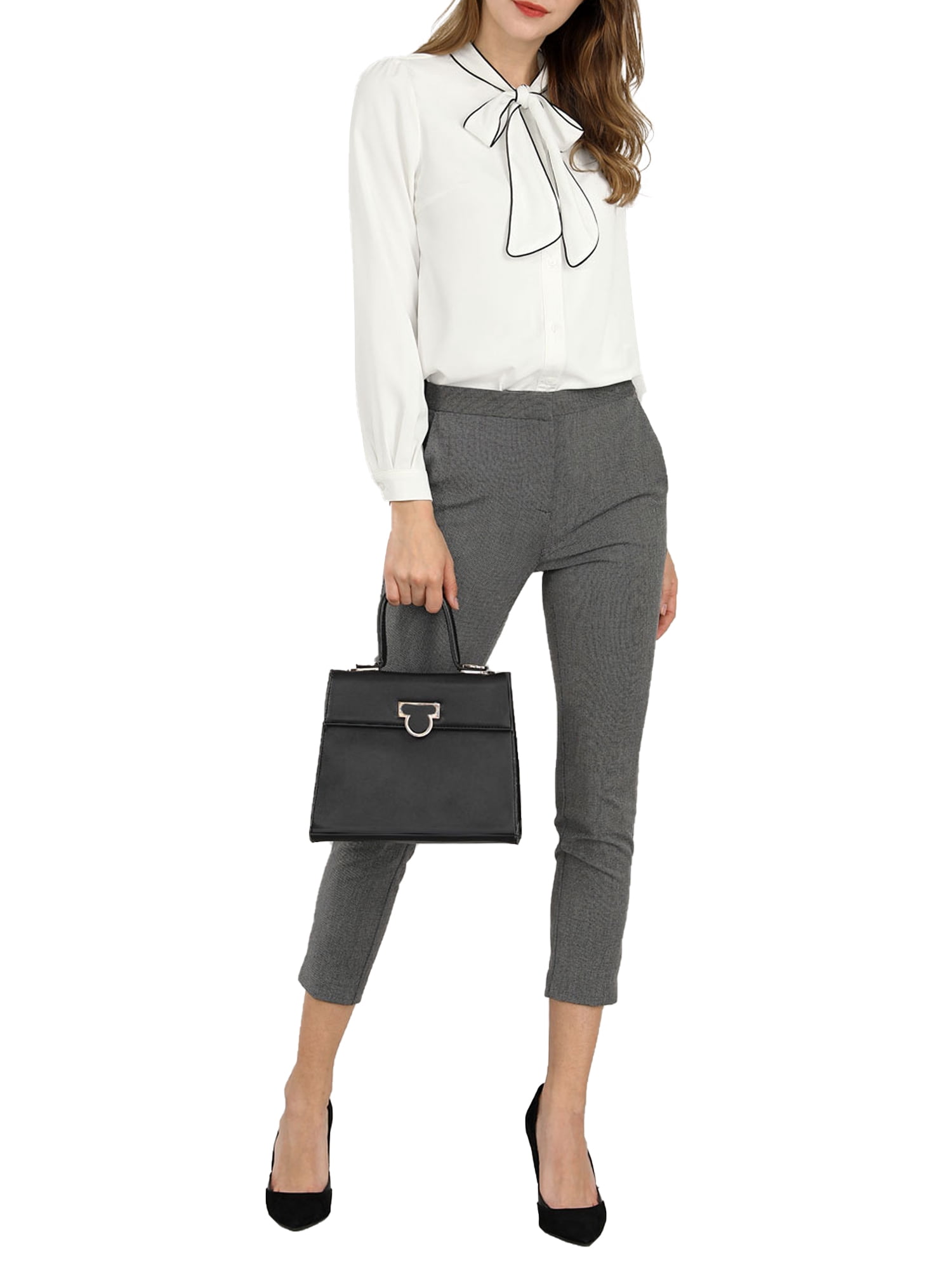 DARING DIVA Women's Contrast Color Button Down Long Sleeve Tie Neck Shirt L White