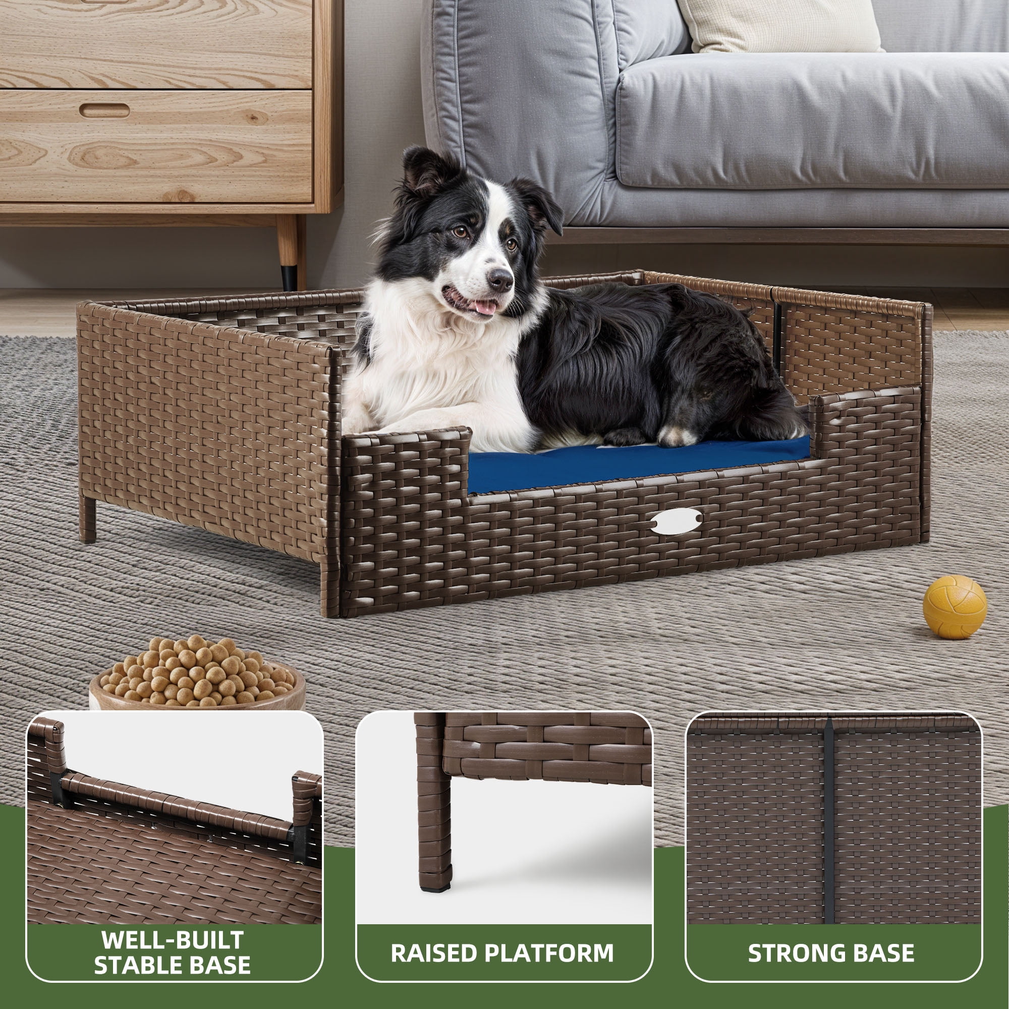 Uforic Rattan Dog Sofa Bed with Blue Cushion,Wicker Pet Bed Sofa Indoor Outdoor,All-weather Protection, Brown&Blue,34.6"L x 23.6"W x 11.8"H