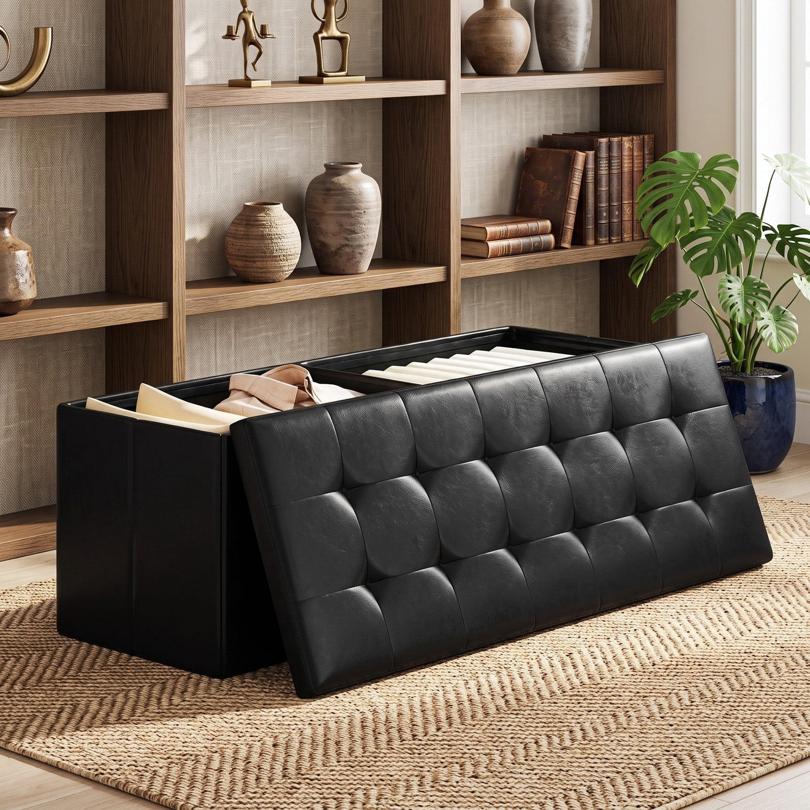 Furnibear 43 Inch Folding PU Leather Storage Ottoman Bench with Divider and Side Pocket for Living Room, Bedroom and Entryway, Black