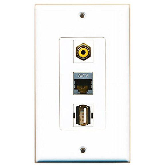 RiteAV - 1 Port RCA Yellow and 1 Port USB A-A and 1 Port Shielded Cat6 Ethernet Decorative Wall Plate Decorative