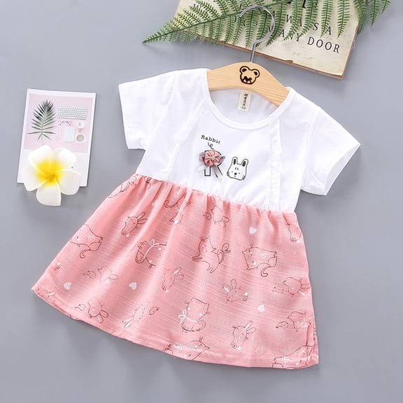 Eashery Toddler Flower Girl Dresses Girls Cotton Dress Short Sleeve A Line Swing Skater Twirl Solid Casual Dress for 3-13Y Pink 12-18 Months