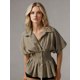 thumbnail image 4 of Blusas de verano para mujer, de manga corta, con cuello de solapa, estampado de rayas, abotonadas, con volantes plisados., 4 of 9