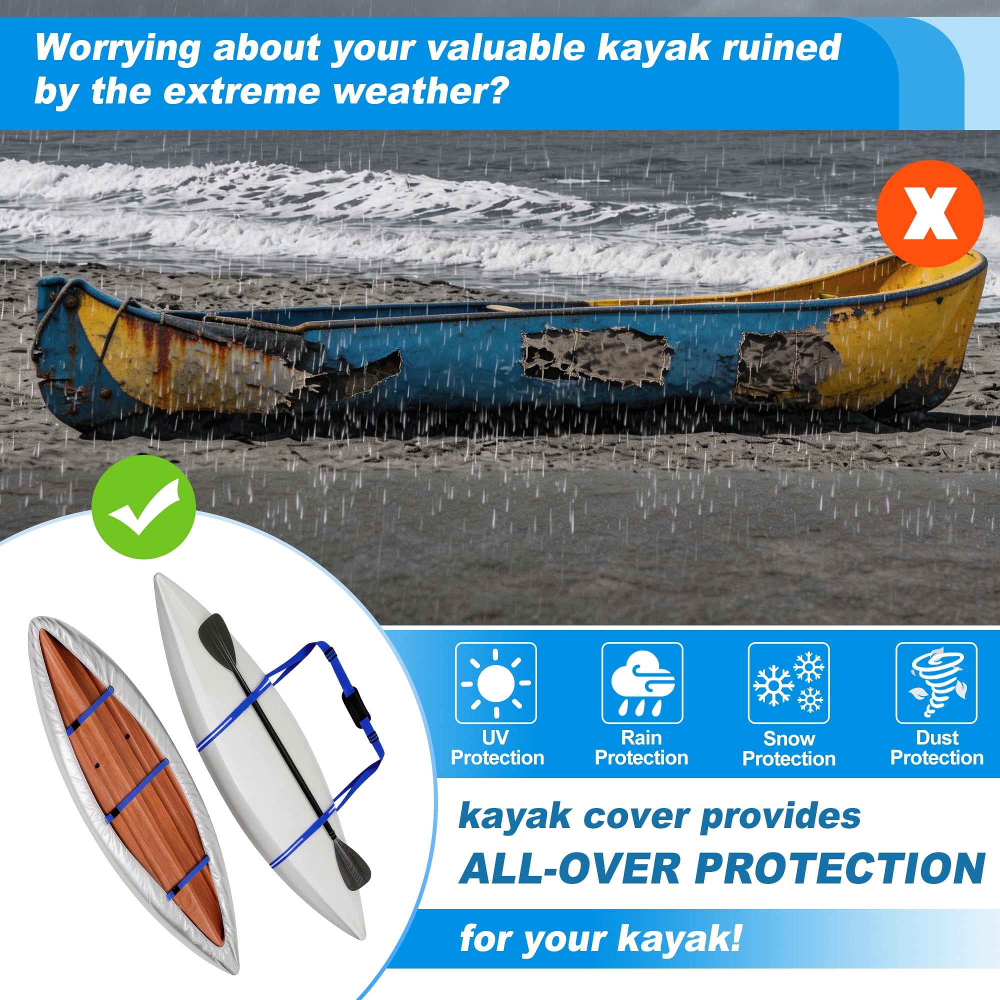 Unique Bargains Duty Oxford Cloth Kayak Cover Waterproof Silver Blue 10.3ft-11.5ft