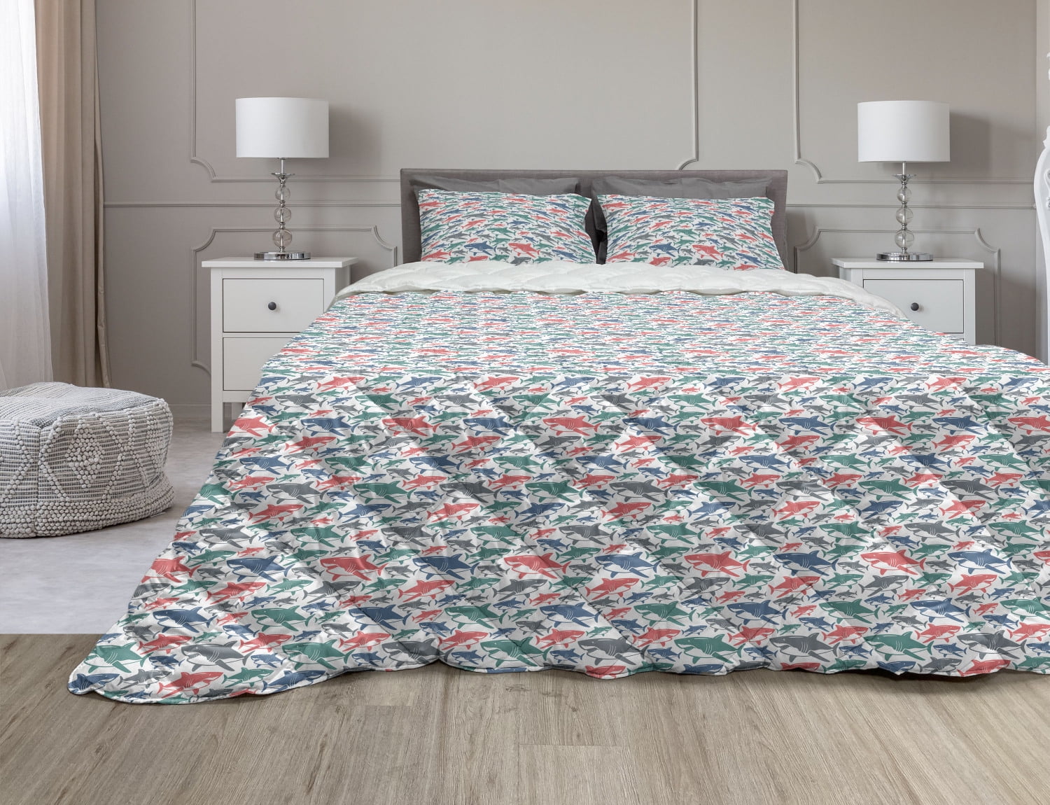 Shark Comforter & Sham Bedding Set, Colorful Underwater Fish Pattern